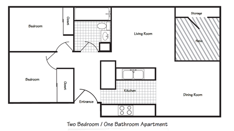 Floor plan for 2 beds, 1 bath, 850 sqft